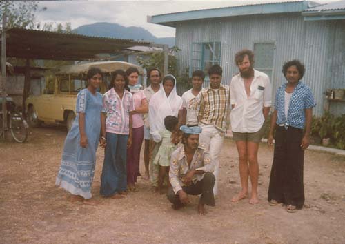 At Abhi & Lila's family farm, Nandi Airport, Fiji. Lila, Anhi's wife (extreme left), photographer Abhi Ram is the friend I met on the train journey from Auckland. The rest of the people are the non-Suva part of Abhi & Lila's extended family. I love still keeping in touch with them. Including during the terrifying uncertainty of the initial 1984 coup.